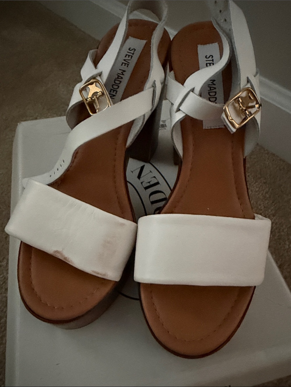 Steve Madden White Leather Platform Block Heels with Gold Buckle